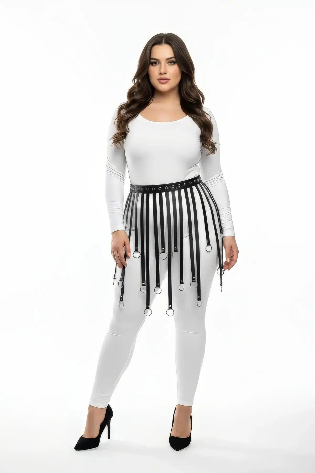 close-up of black faux leather vertical straps with silver-tone O-ring hardware on skirt harness