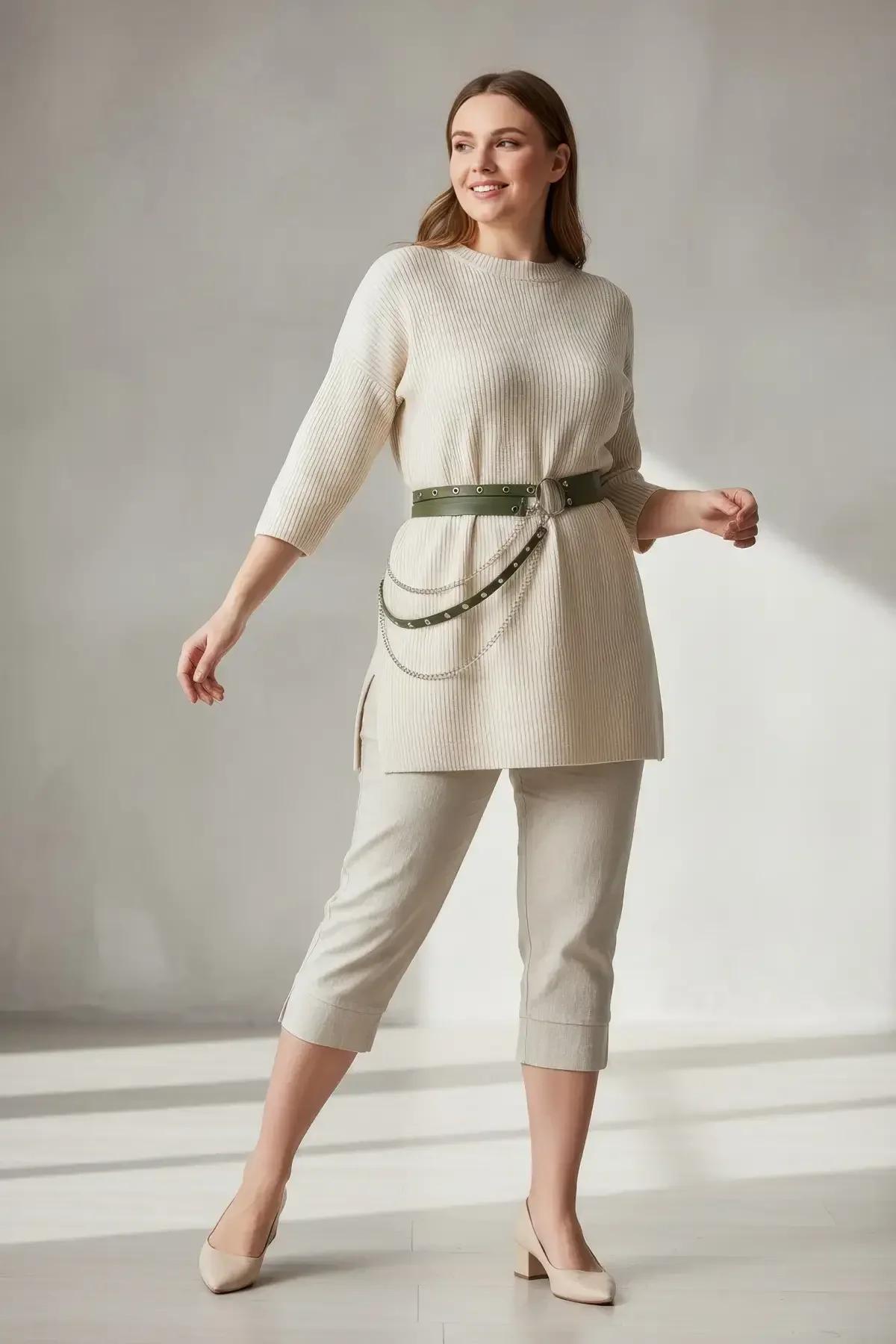 front view khaki PU waist harness with silver-tone link chain drape and central O-ring