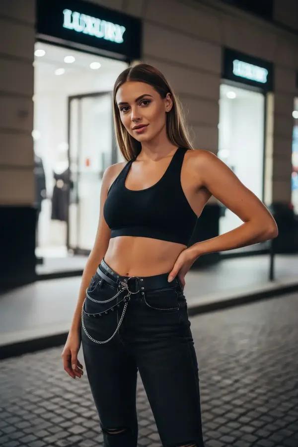 siyah faux leather kadın kemeri gümüş zincir detaylı çoklu delikli kot pantolon kombinasyon