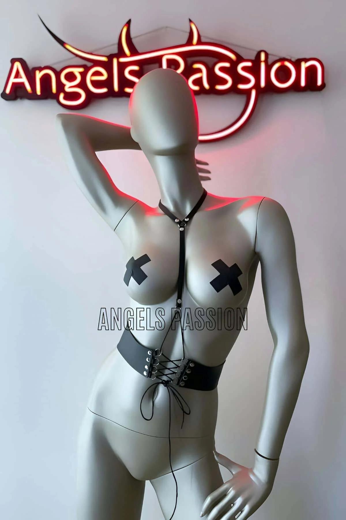 vegan deri korse harness iki parçalı set bel ve göğüs bant kombinasyonu