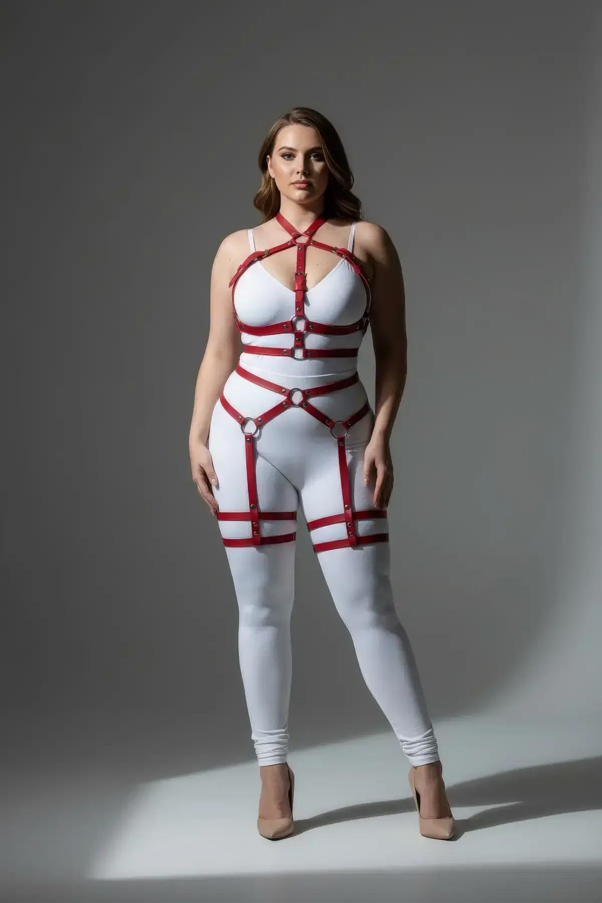 red vegan leather full body harness with silver O-rings and adjustable thigh garter straps on plus-size model