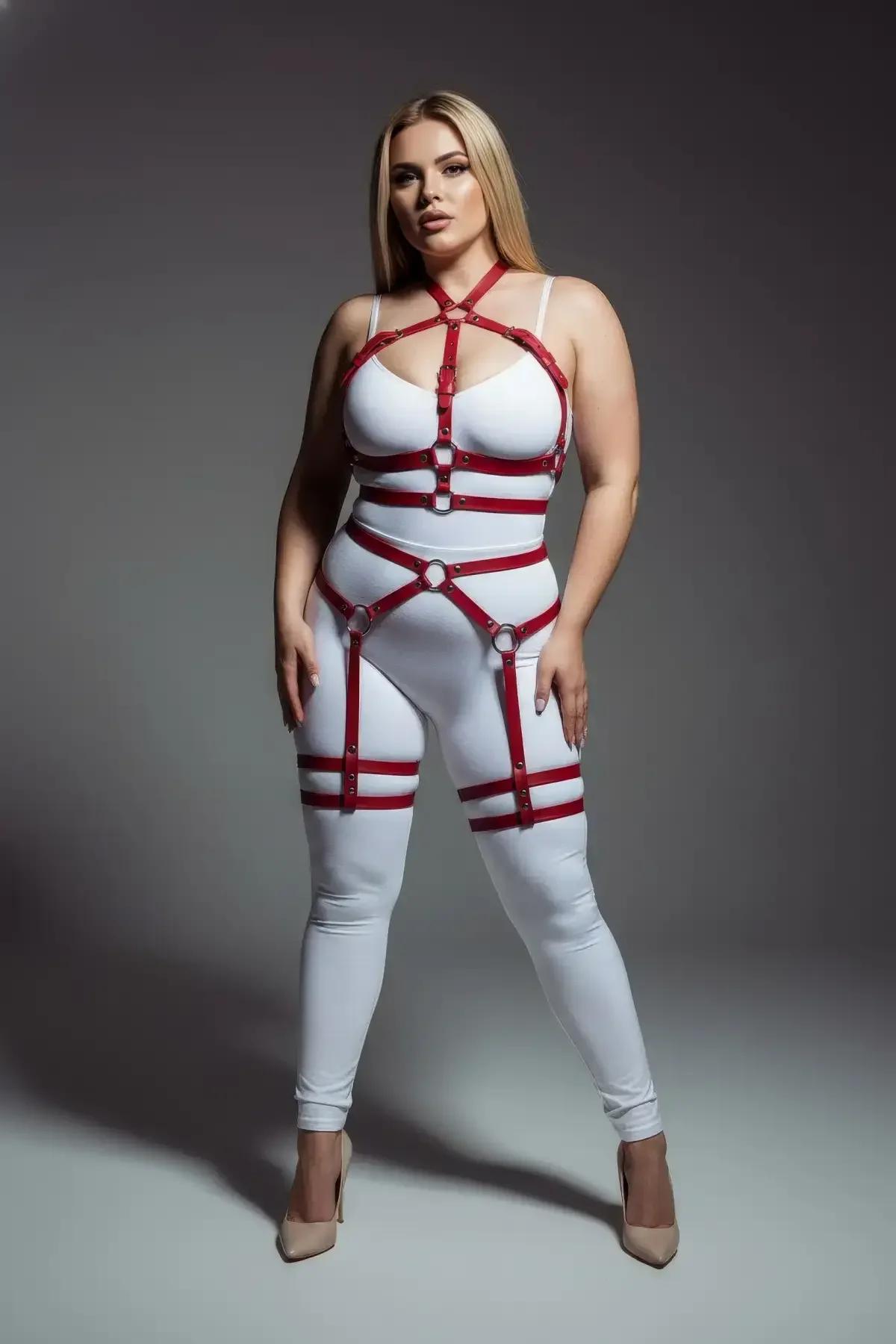 red harness thigh garter bands with rectangular silver buckles on upper thigh