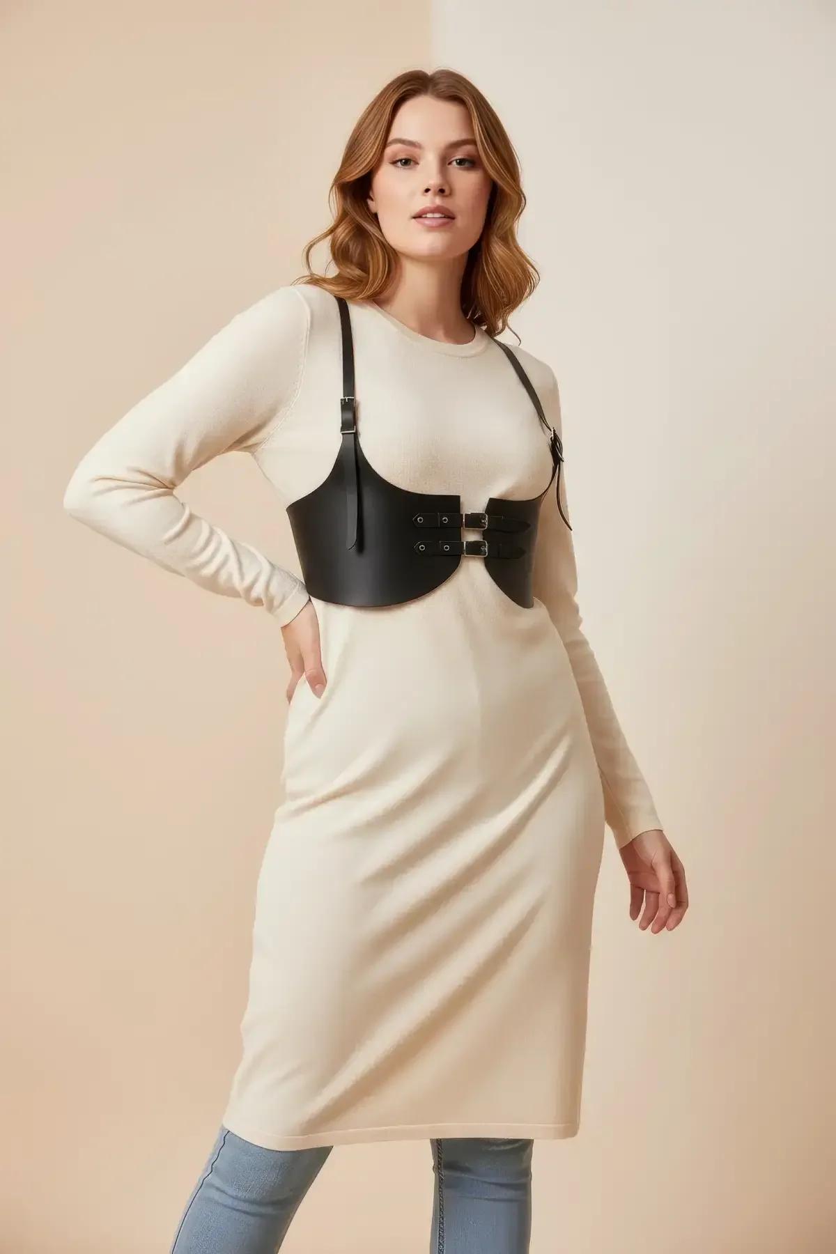 wide black PU underbust harness straps with silver-tone metal buckle hardware detail