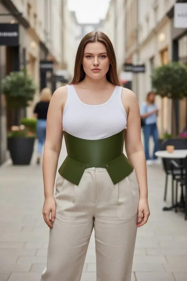 wide corset belt olive green faux leather structured peplum waist detail worn over white tank top