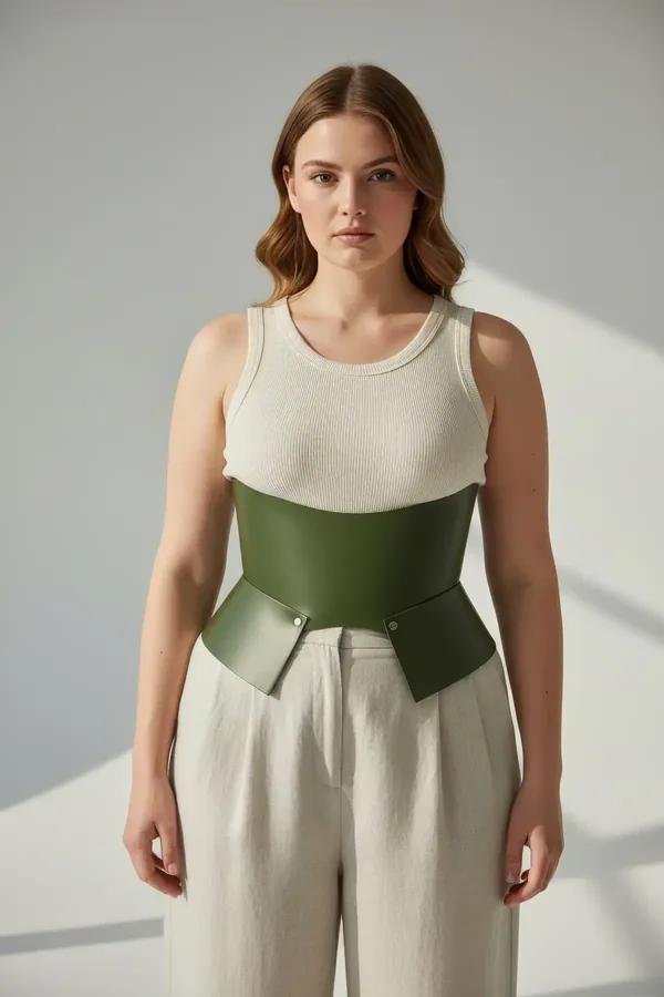 wide corset belt olive green faux leather structured peplum waist detail worn over white tank top