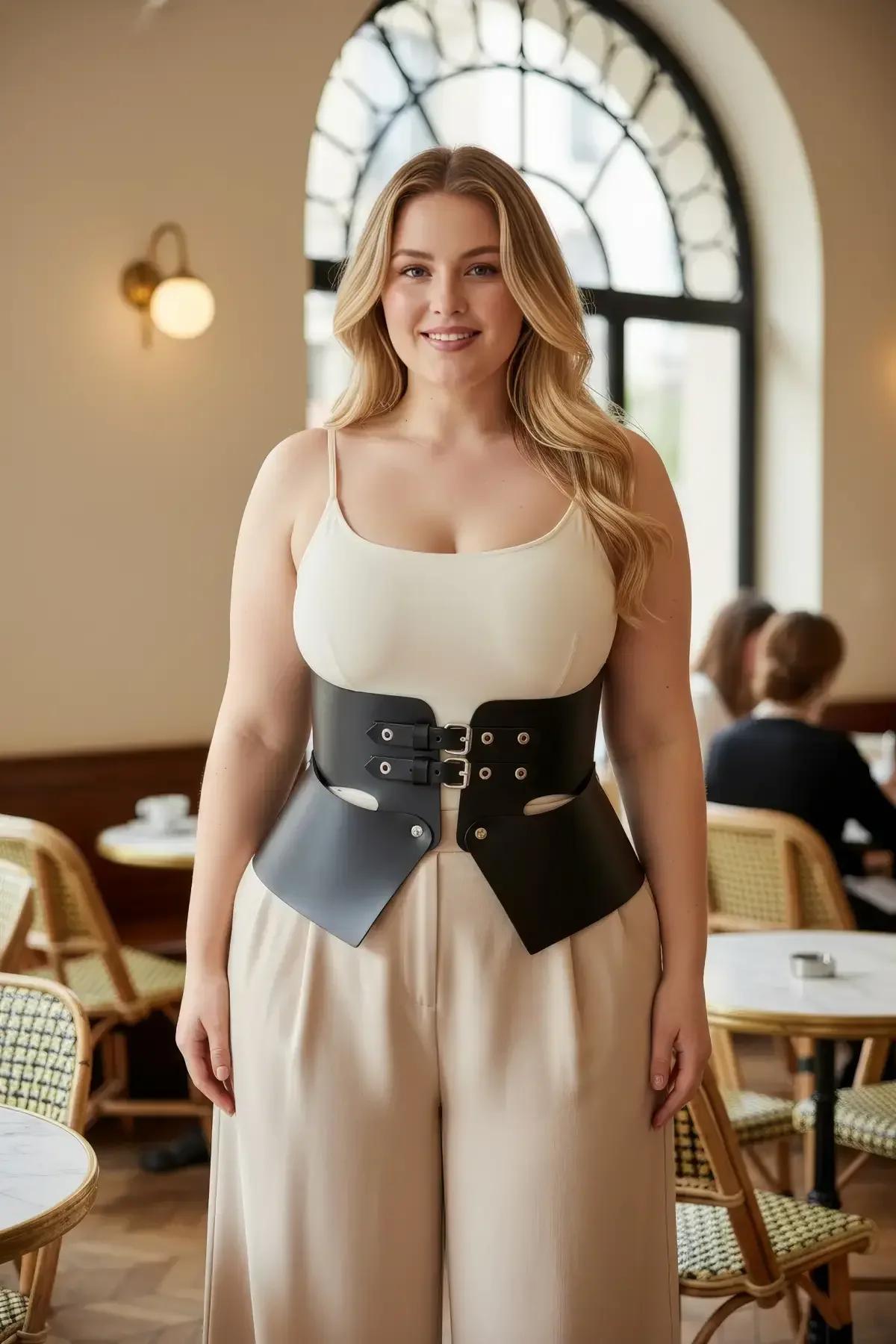 matte black faux leather waist cincher belt close-up showing smooth panel surface and metal-tone hardware