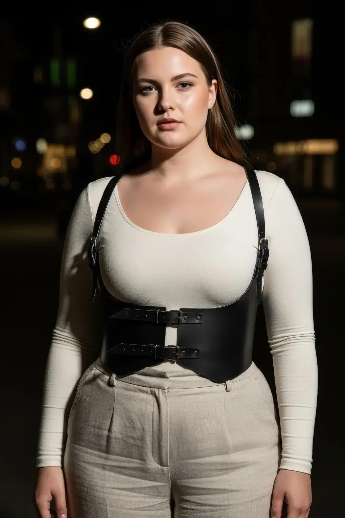black underbust harness cincher layered over cream blouse showing waist-shaping panel