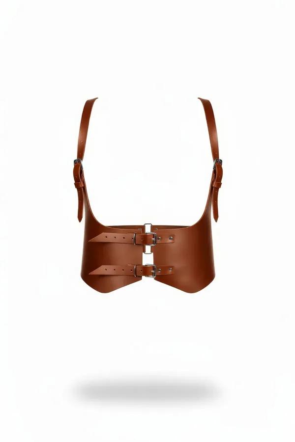 taba faux leather geniş korse kemer omuz askılı çift gümüş toka ön görünüm