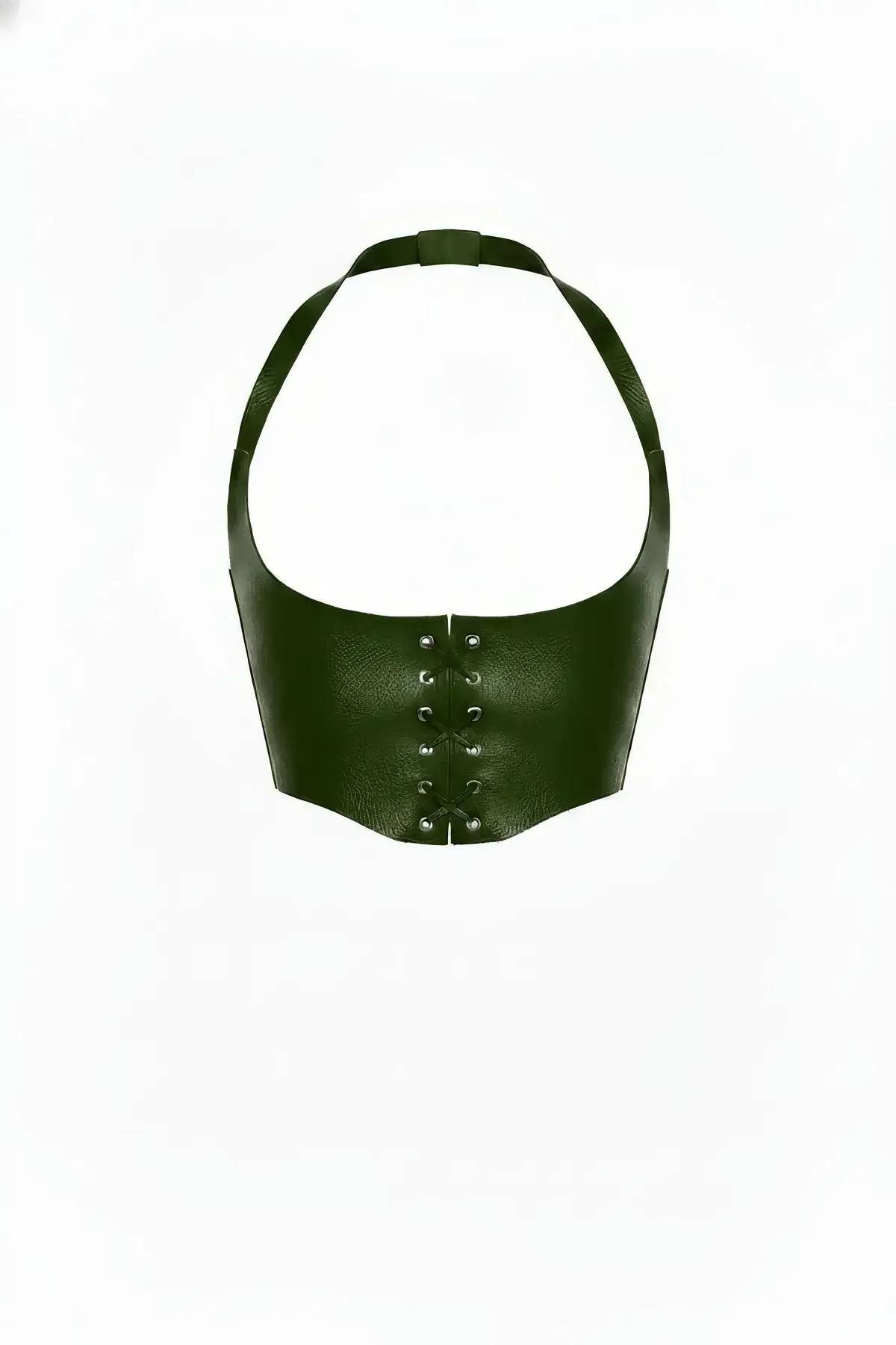 koyu yeşil faux leather korse tipi bel bandı bağcıklı ön kapama halter askılı