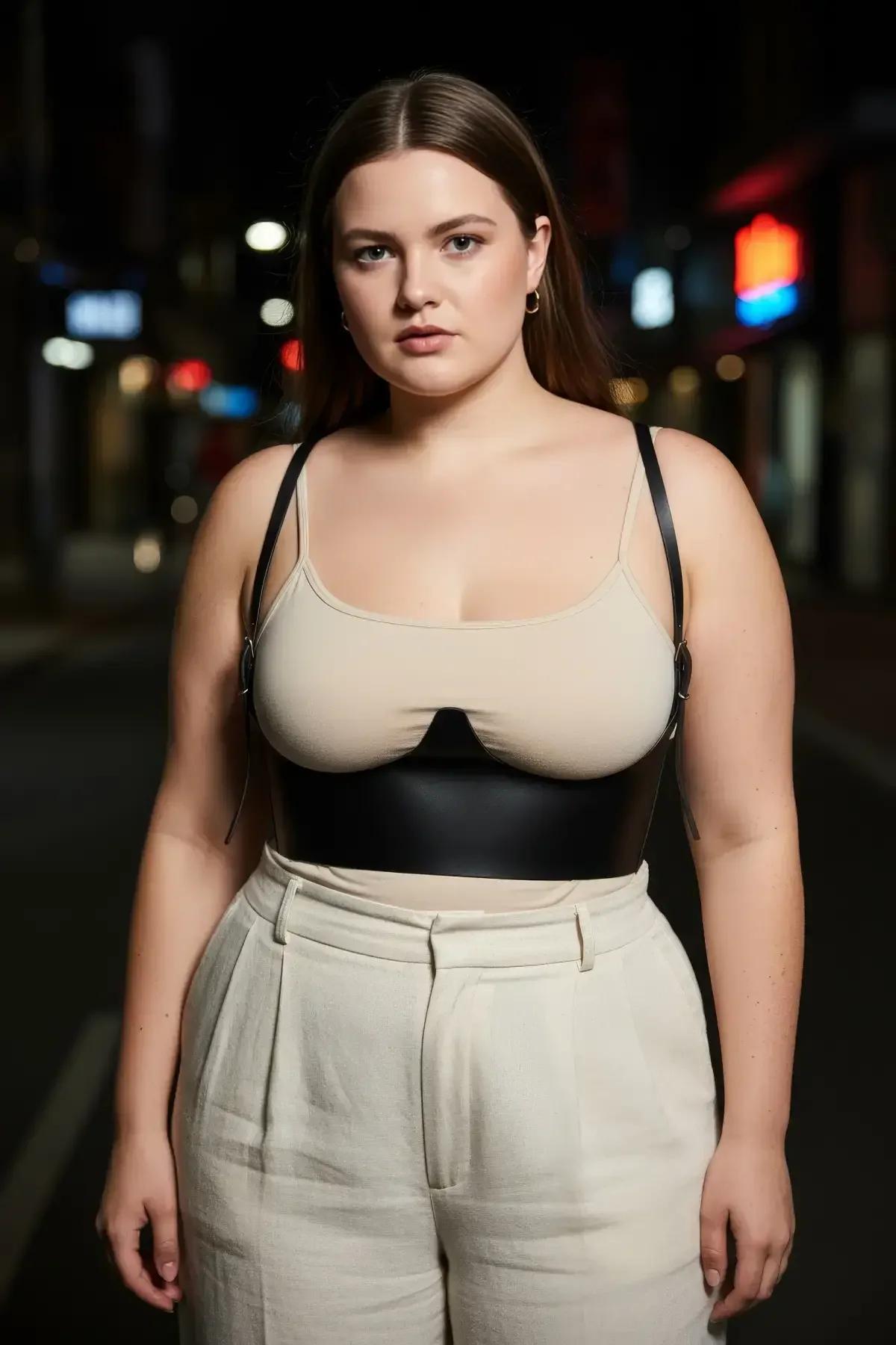 plus-size model wearing black faux leather underbust harness over fitted top highlighting waist definition