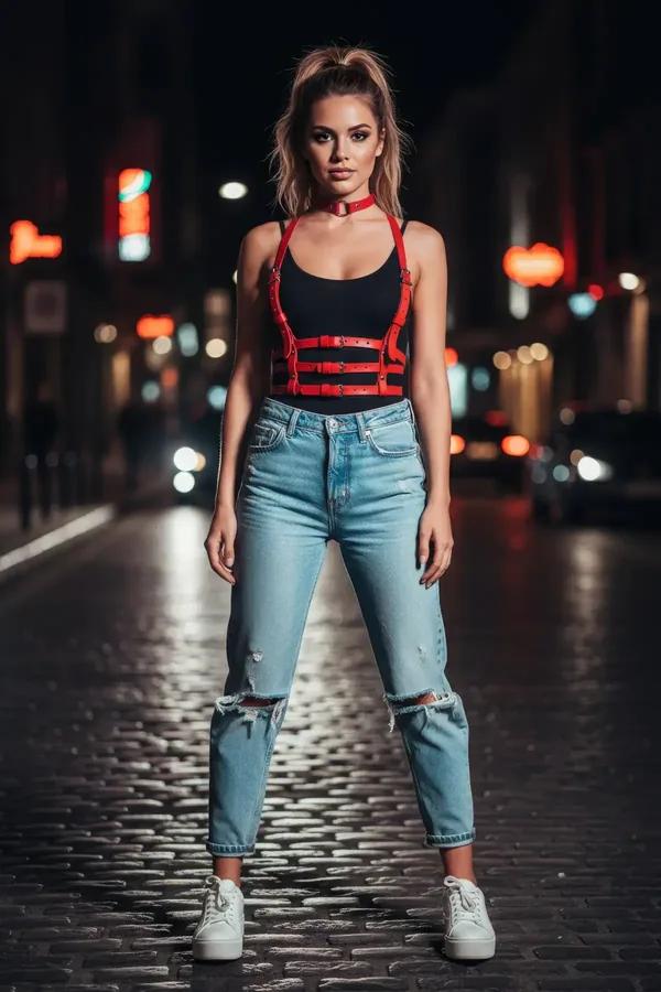 kırmızı vegan deri çoklu tokalı vücut kemeri harnesi siyah crop top ve kot üzerinde