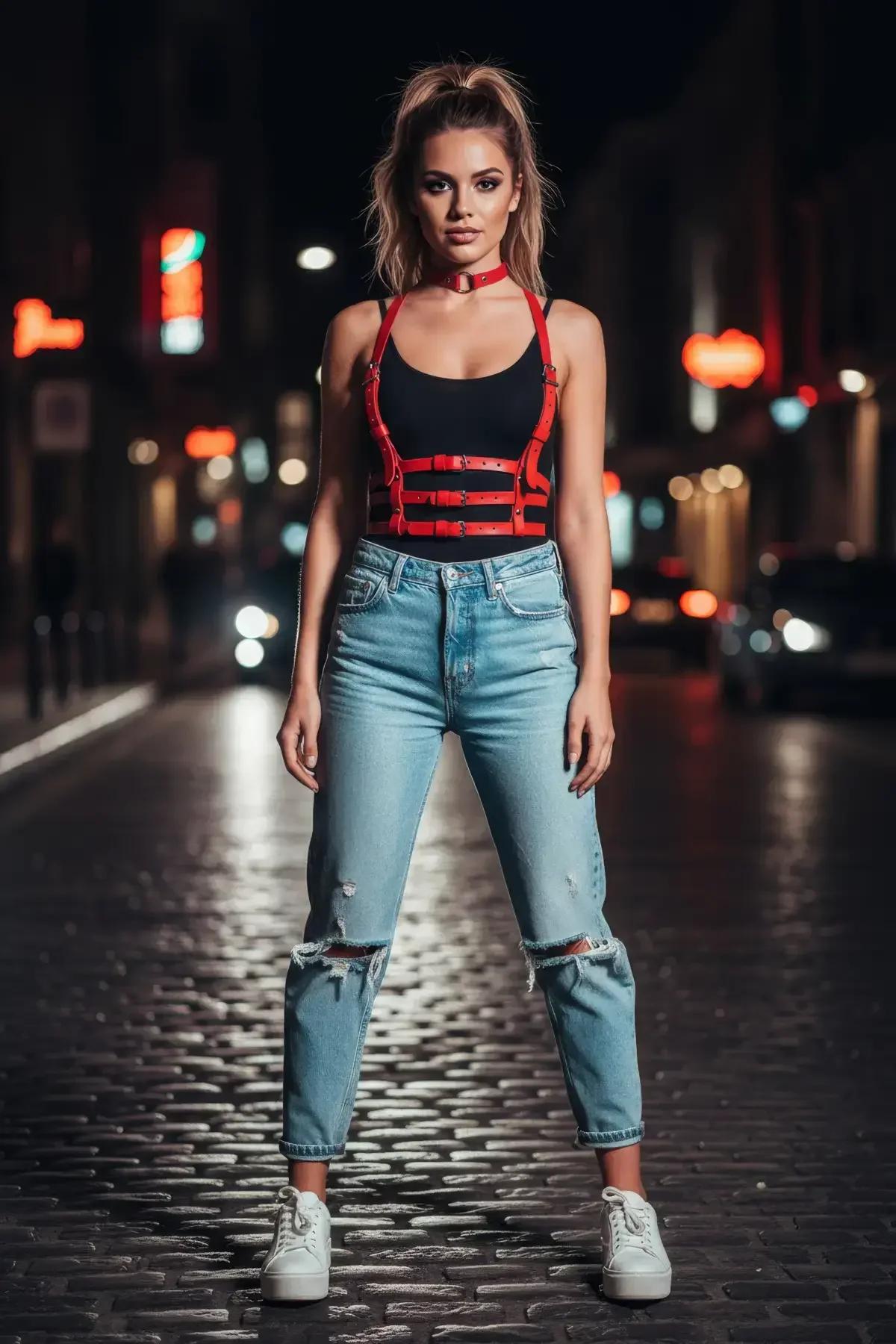 kırmızı harness boyun choker ve omuz askıları yakın plan