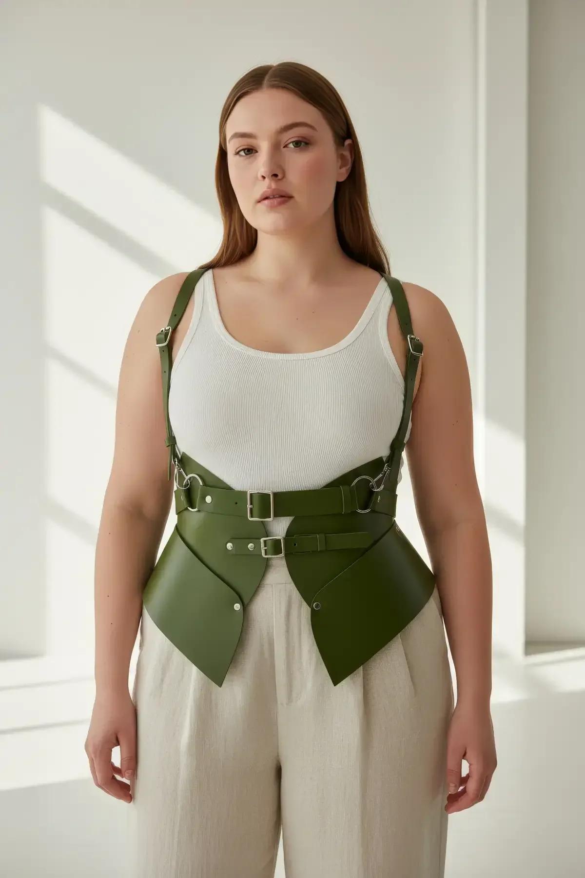 plus-size model wearing olive faux leather harness belt over cream tank top and wide-leg trousers