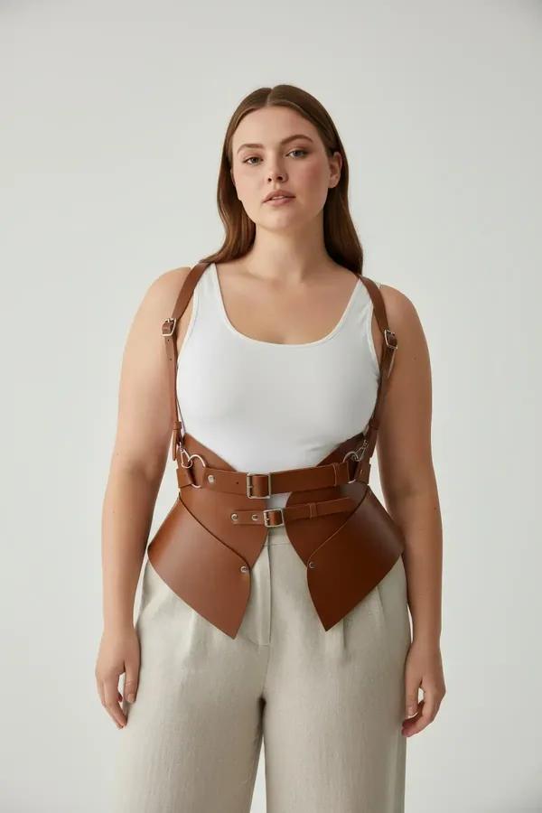 caramel faux leather waist cincher body harness with structured hip panels and gold O-ring buckle hardware