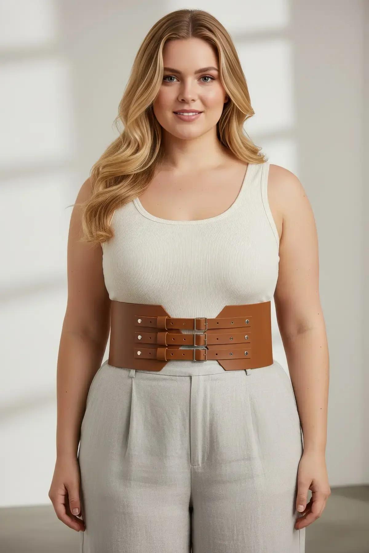 tan corset waist harness back view showing eyelet strip and silver-tone hardware closure detail