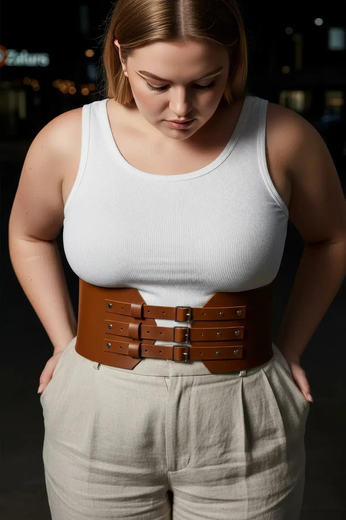 tan leather-look corset waist harness laid flat showing full 15 cm panel width and triple buckle construction