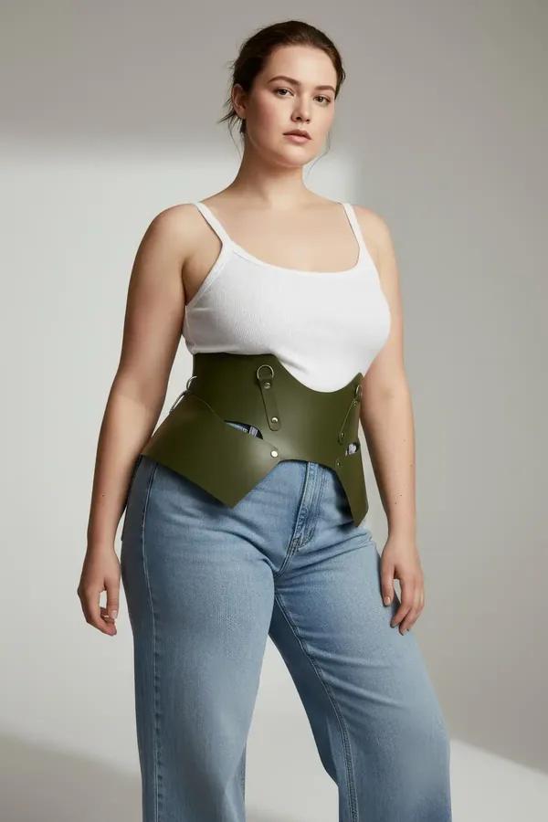olive green wide faux leather waist harness belt with geometric cut-out panels and silver D-ring hardware