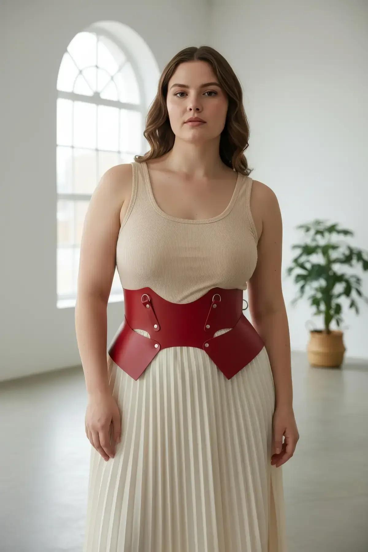 side view of red vegan leather waist harness showing curved cutout panel and adjustable straps
