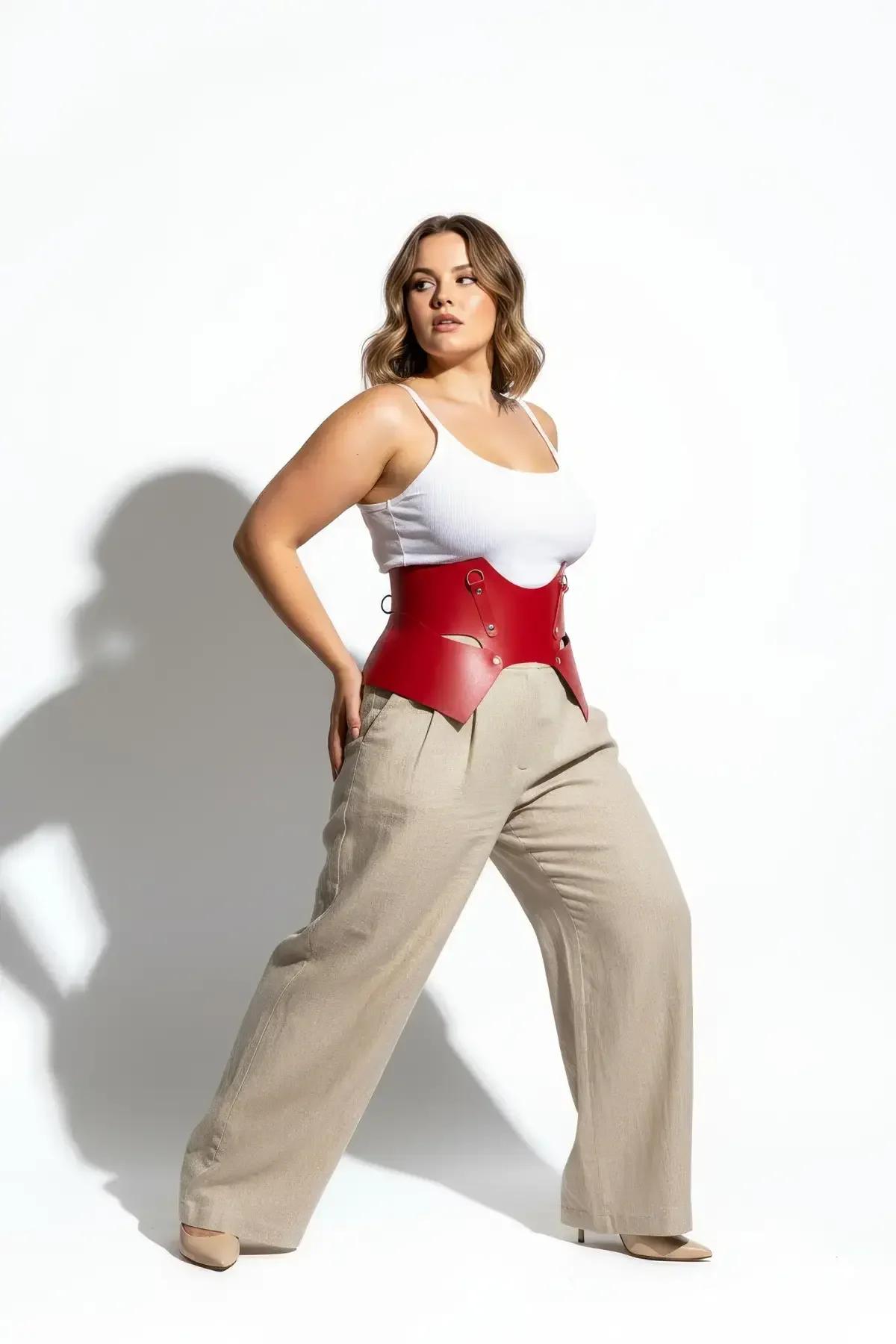 plus-size model wearing red faux leather waist harness over wide-leg linen trousers in daylight