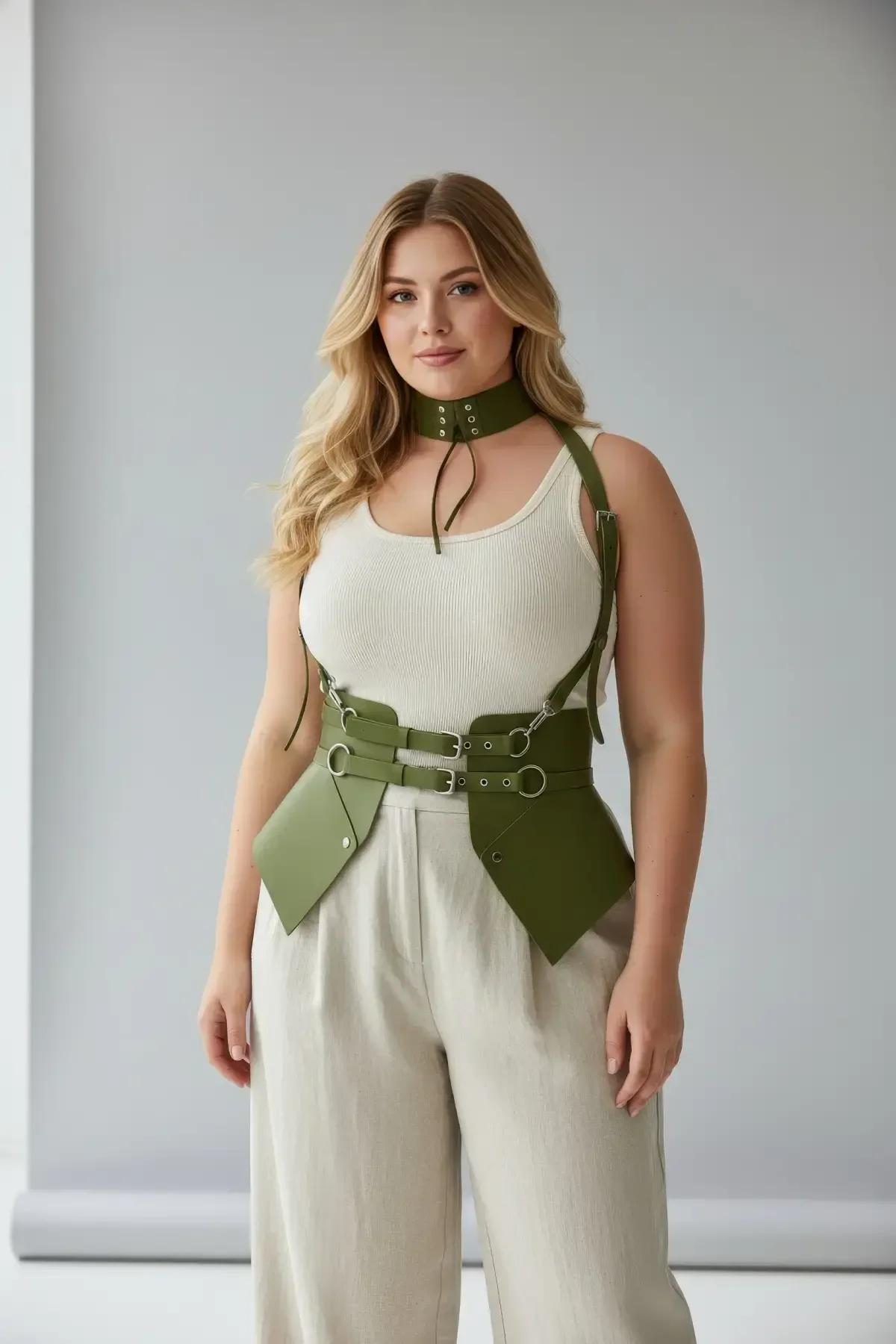 Angular hip panel detail of olive green corset harness showing rigid triangular faux leather extension below waistband