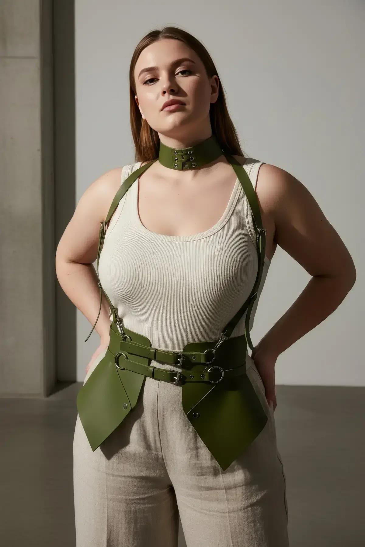 Back view of olive green angular waspie corset harness showing shoulder strap adjustment and waistband buckle placement