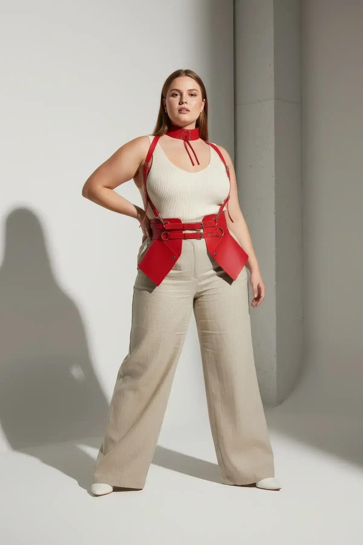 Red corset harness back panel view showing waist strap buckle closures