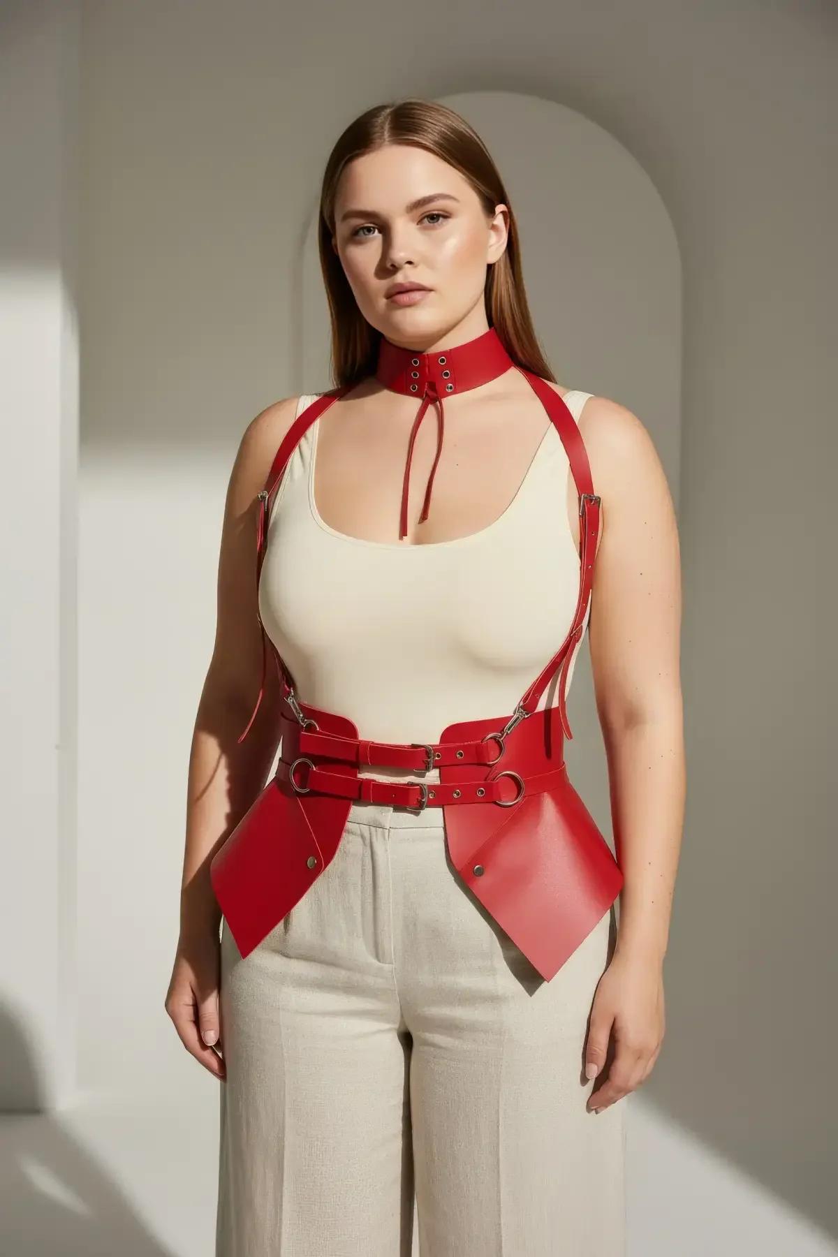 Red corset waist harness and choker set flat lay showing full two-piece configuration