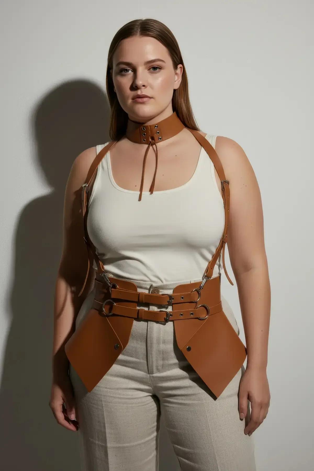 adjustable tan corset harness with dual buckle straps styled over wide-leg trousers