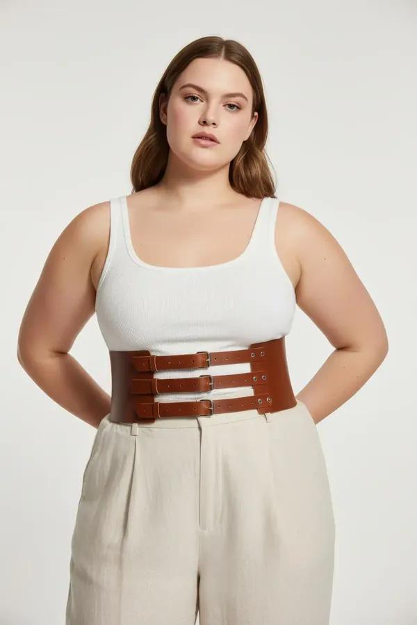 brown faux leather wide waist cinch harness belt with three silver-tone adjustable buckle straps worn over white tank top