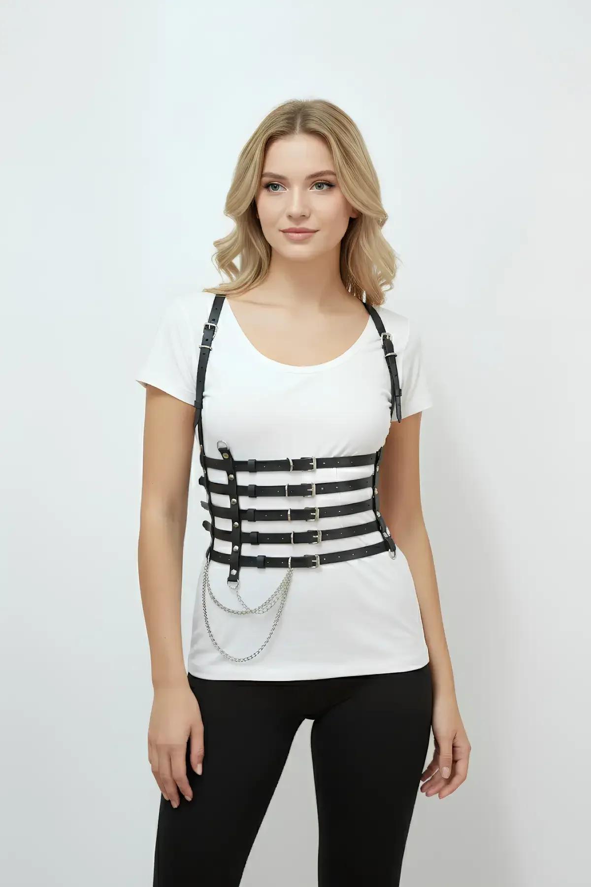 side view black PU leather waist harness with O-ring hardware and draping chain links