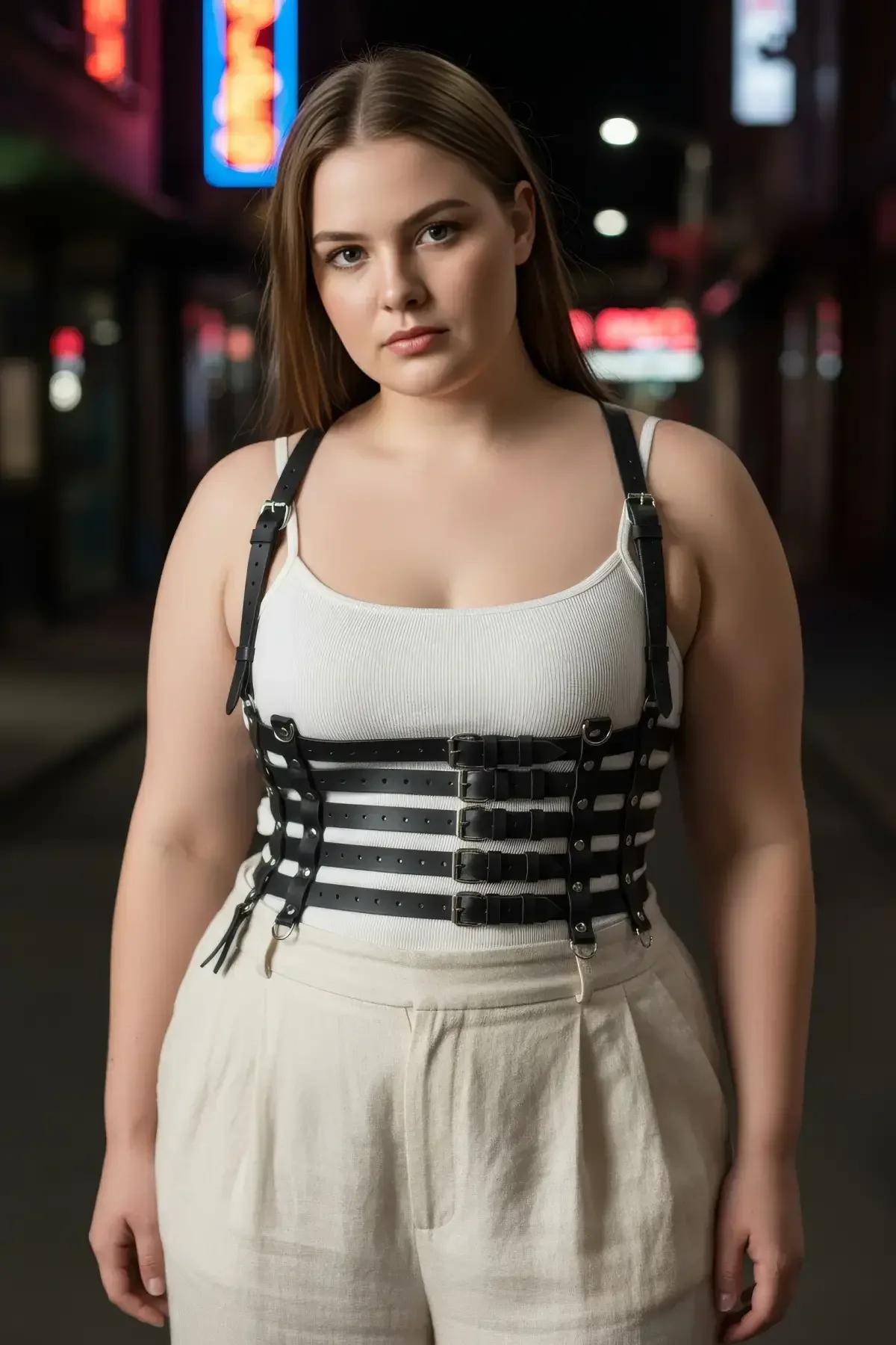 flat lay of black vegan leather underbust harness with three stacked horizontal bands and adjustable straps
