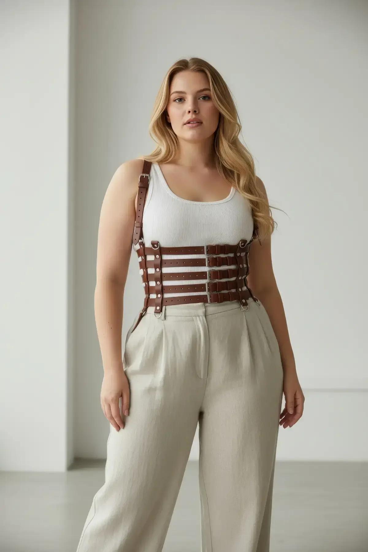 cognac multi-strap underbust harness corset back view showing hook-and-eye closure and adjustable shoulder straps