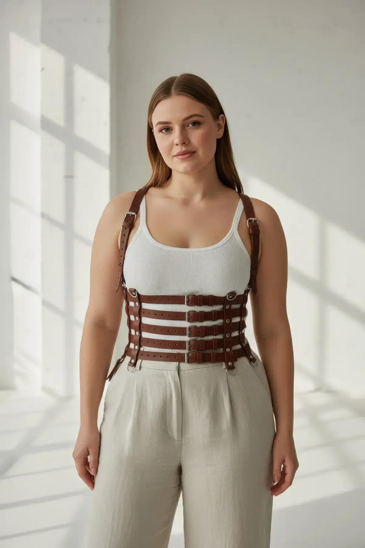 brown faux leather cage strap harness corset detail showing gold-tone rivet studs on horizontal straps
