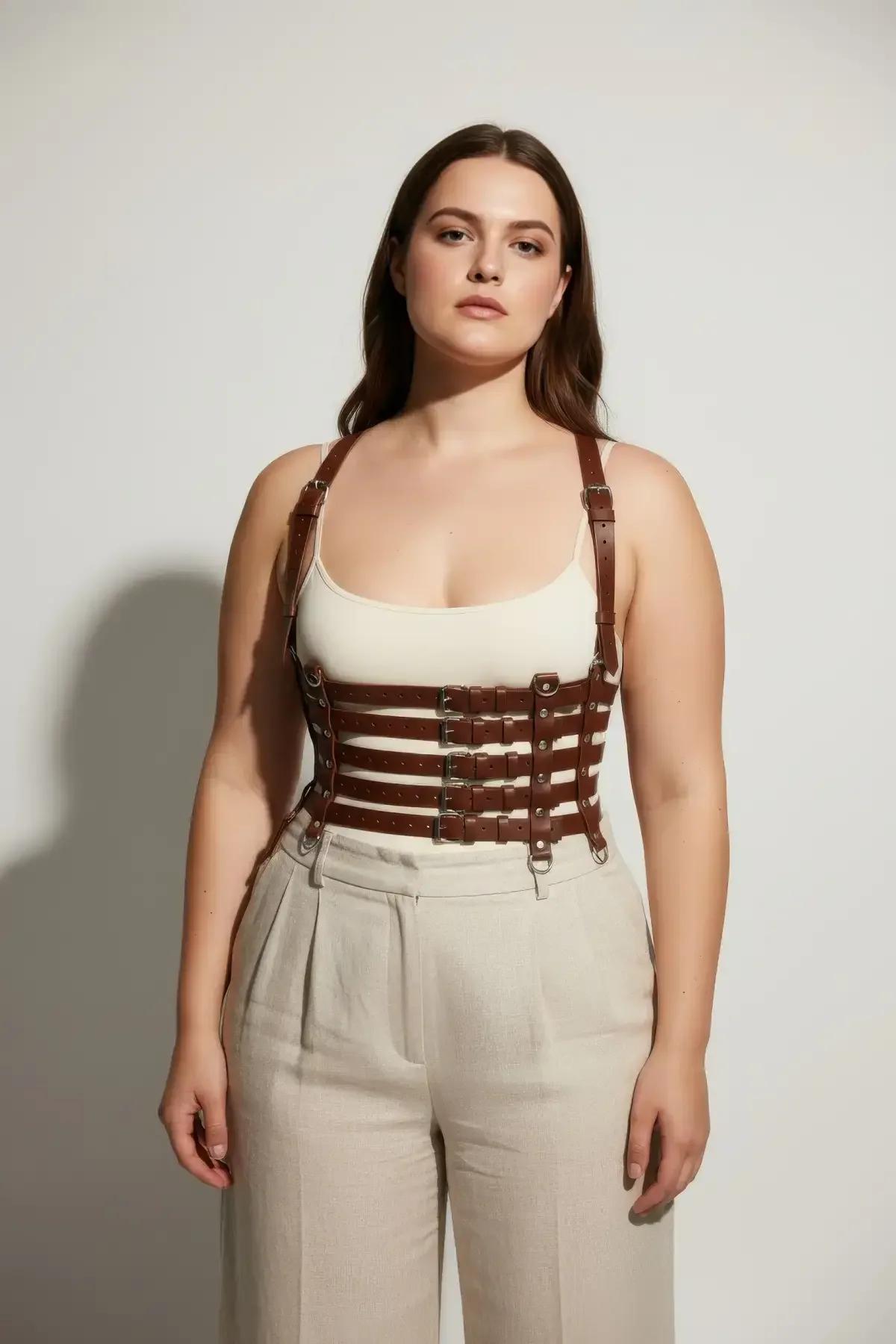 cognac underbust harness corset flat lay showing full-length panel and five parallel cage straps