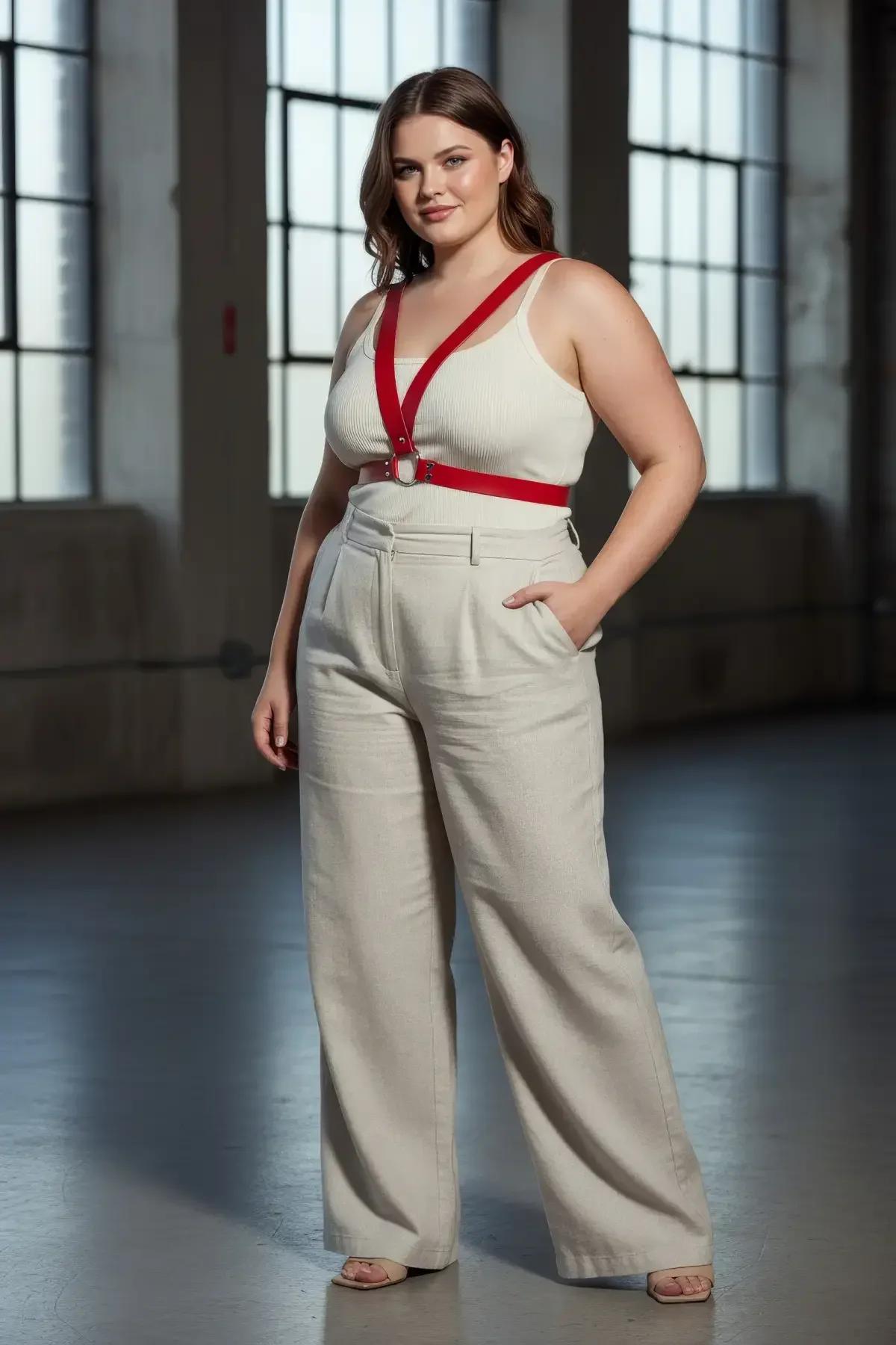 adjustable red vegan leather harness bra top showing underbust band and slider closures
