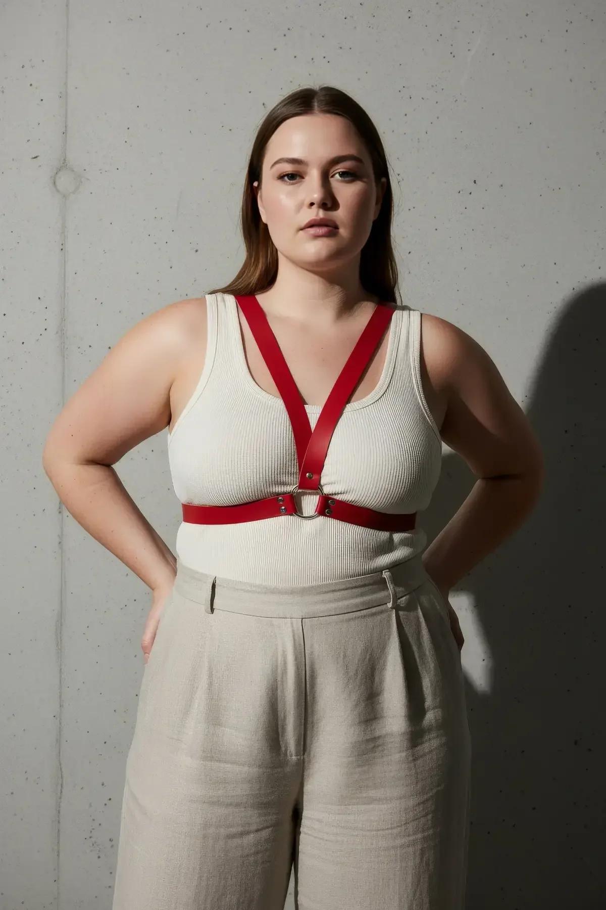plus size model wearing red o-ring chest harness bra style with midi skirt
