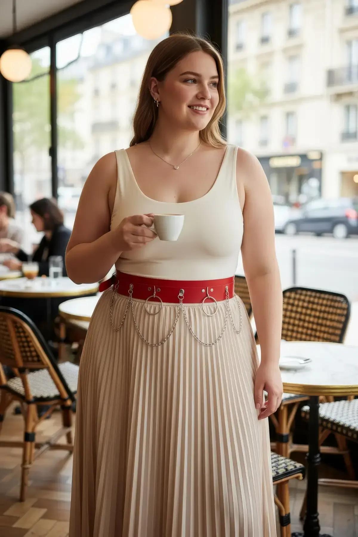 Red faux leather waist harness belt with silver O-rings and draped chains worn over cream top and beige pleated skirt