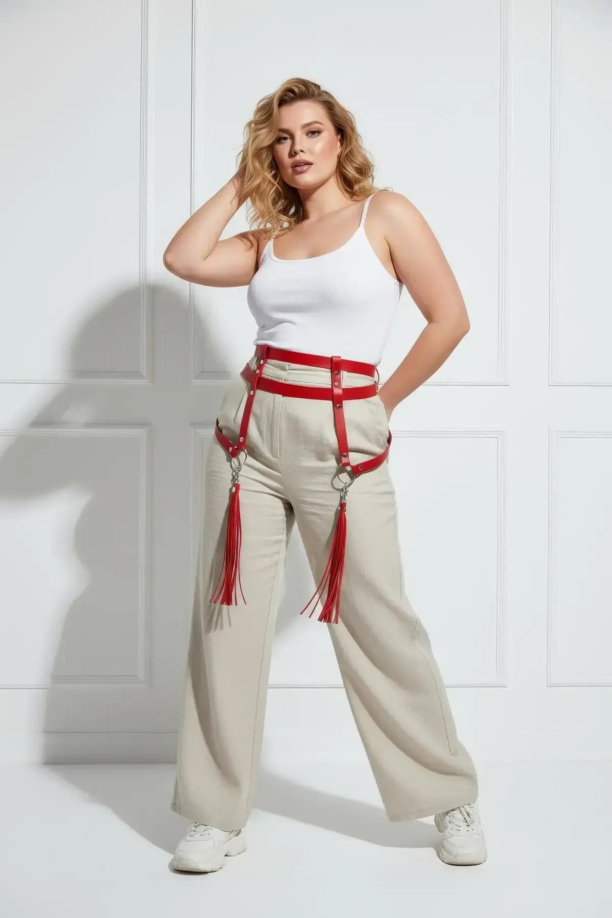 Back view of red faux leather waist harness belt with adjustable buckle strap configuration
