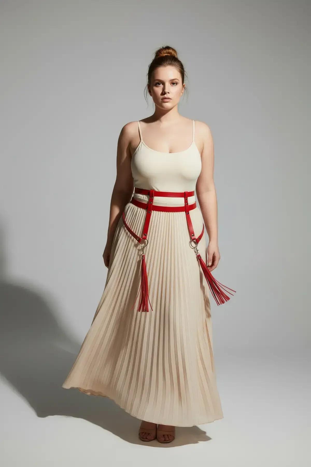 Red tassel thigh straps removed from harness showing waist-only belt styling over neutral outfit