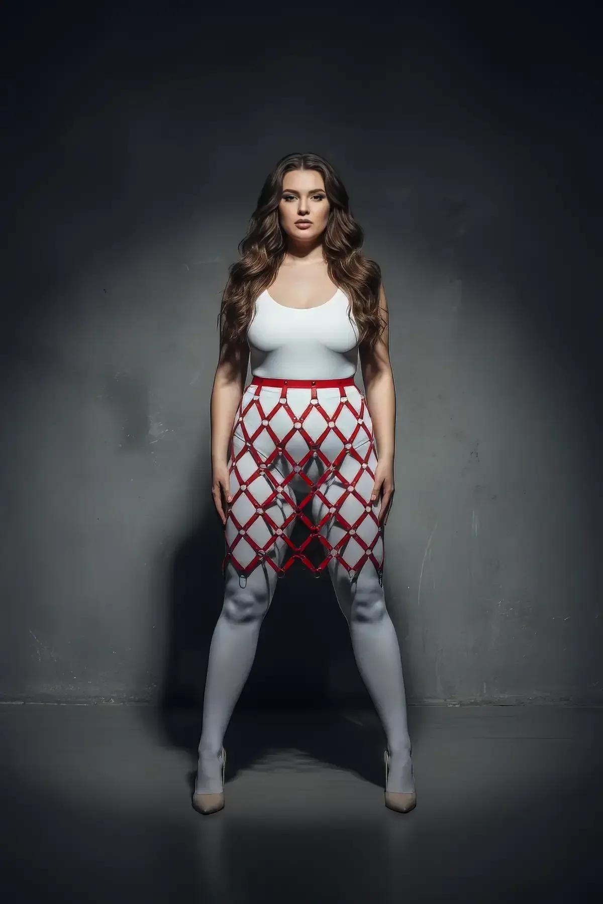 Full-length view of red O-ring grid cage skirt harness scalloped lower hem over white leggings