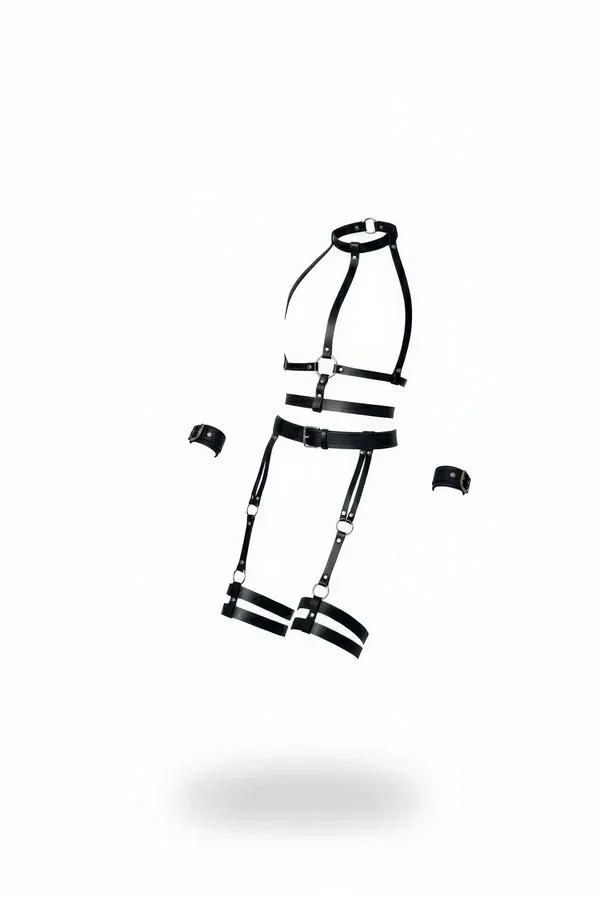 Black faux leather full body harness set with high neck O-ring collar, chest straps, and detachable double-band thigh garters
