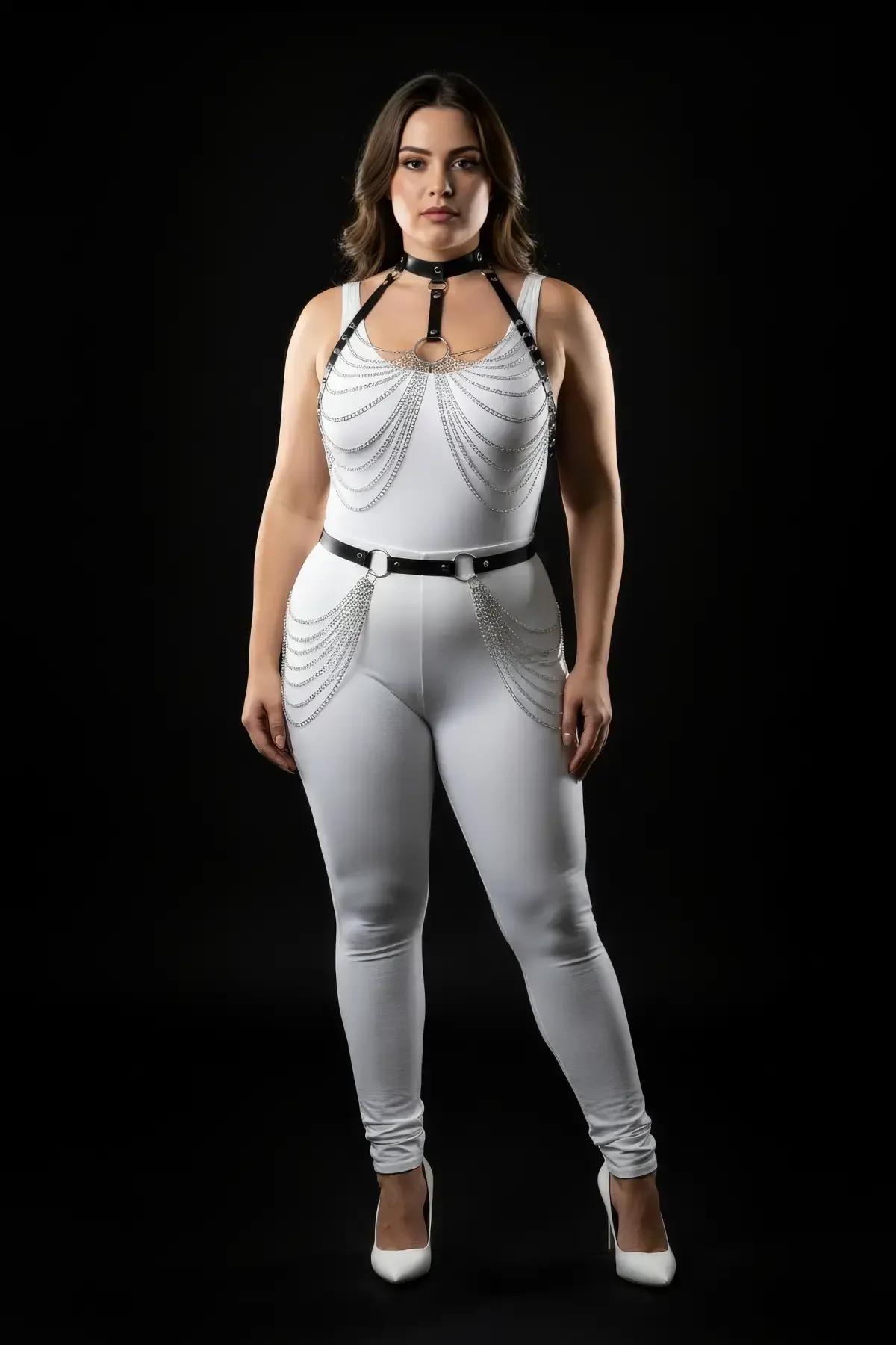 black vegan leather waist belt harness with double D-ring and cascading silver chains, hip detail