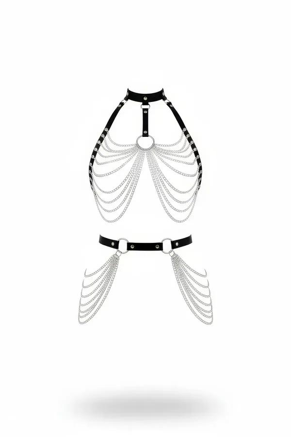 Siyah suni deri zincirli vücut harness seti iki parça halter üst ve bel bandı gümüş sarkık zincir