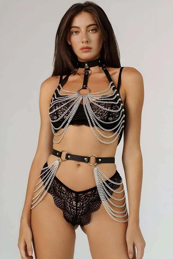 zincirli harness takımı siyah vegan deri bantlar gümüş metal zincir göğüs ve bel O-ring choker