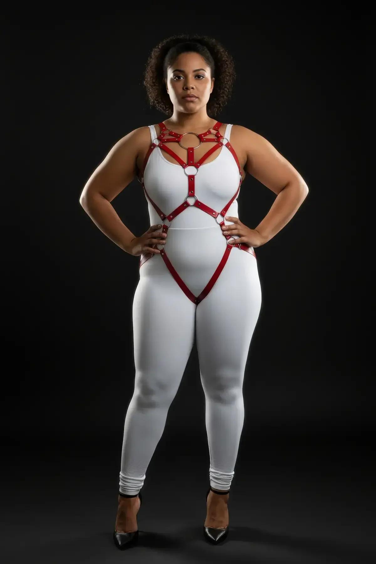 red faux leather body harness with five silver O-rings spanning chest to hip, worn over white catsuit