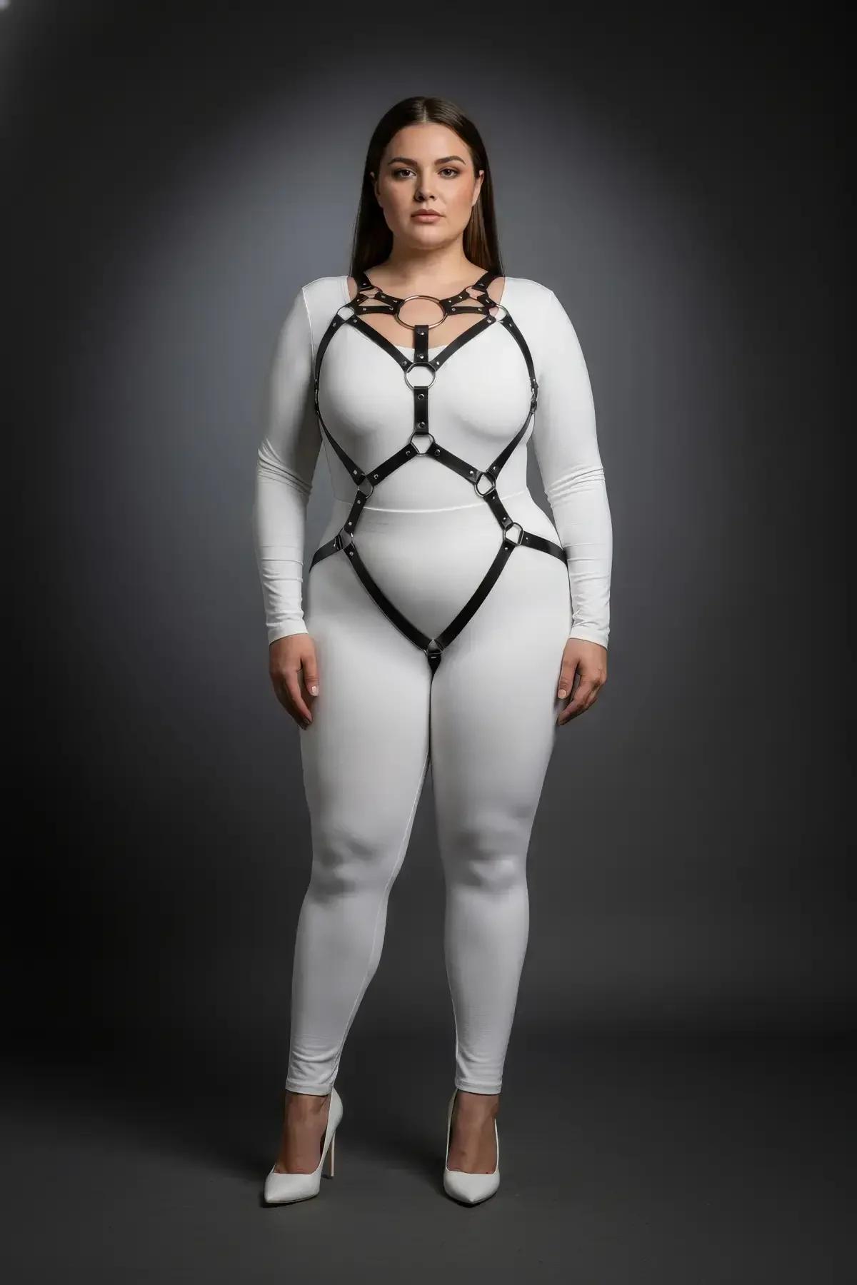 Black body harness garter straps framing hips and upper thigh from front view