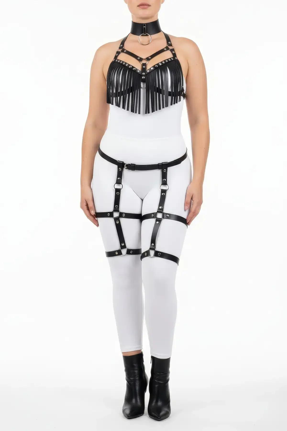 black fringed faux leather chest harness with silver O-ring collar front view close-up