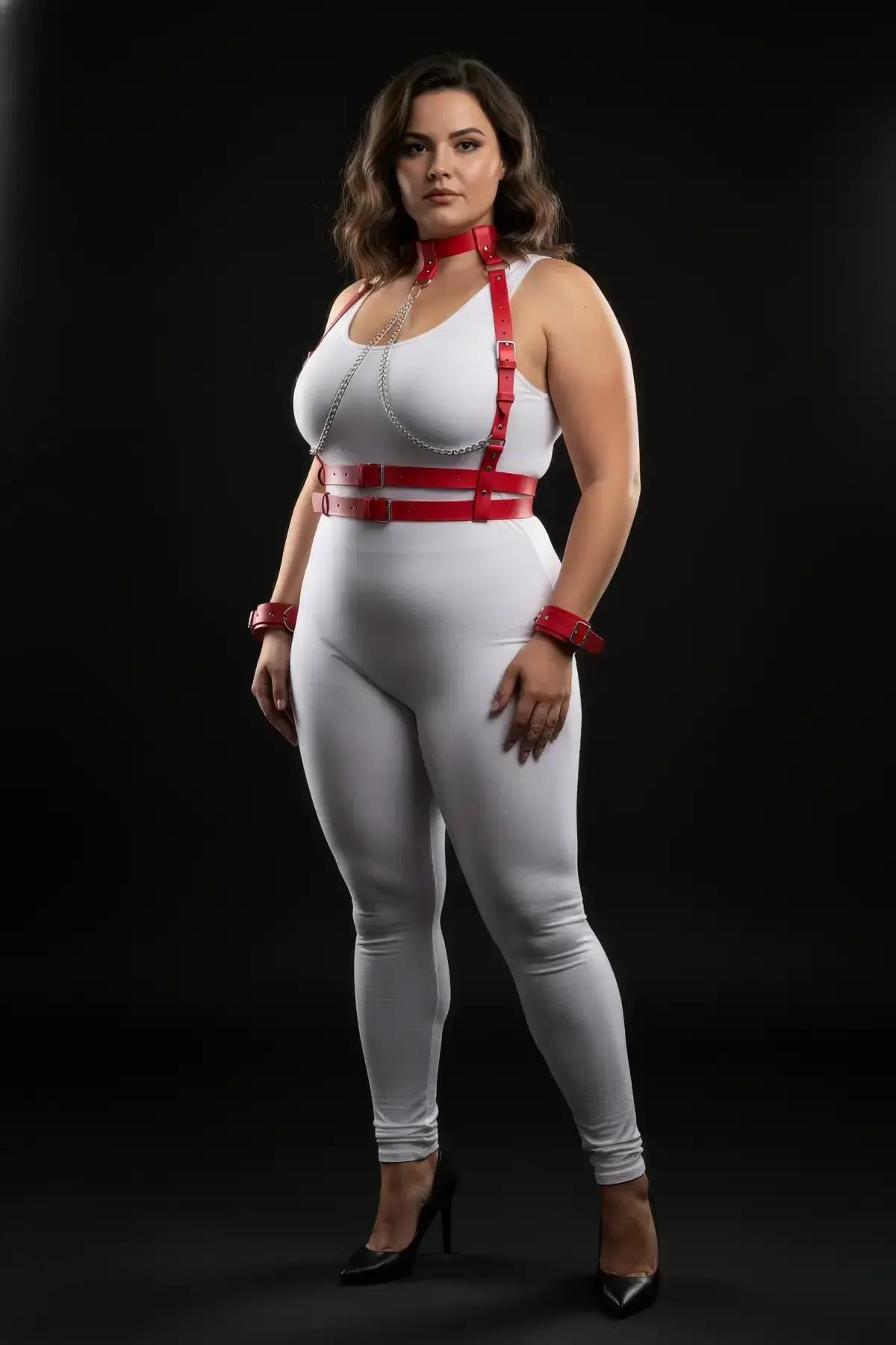 double waist band of red faux leather harness showing silver buckle adjustment
