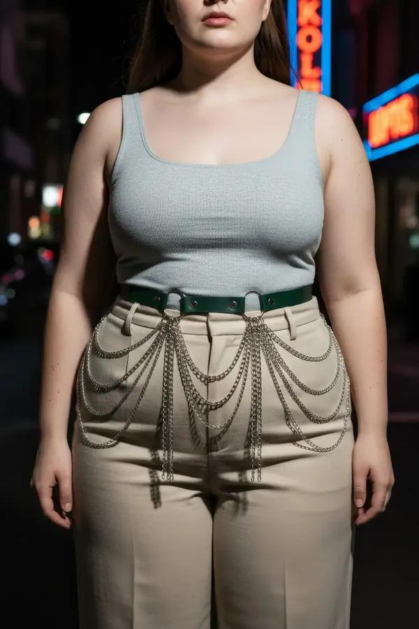 dark green vegan leather waist harness belt with cascading silver chain swags and dual O-ring hardware on model