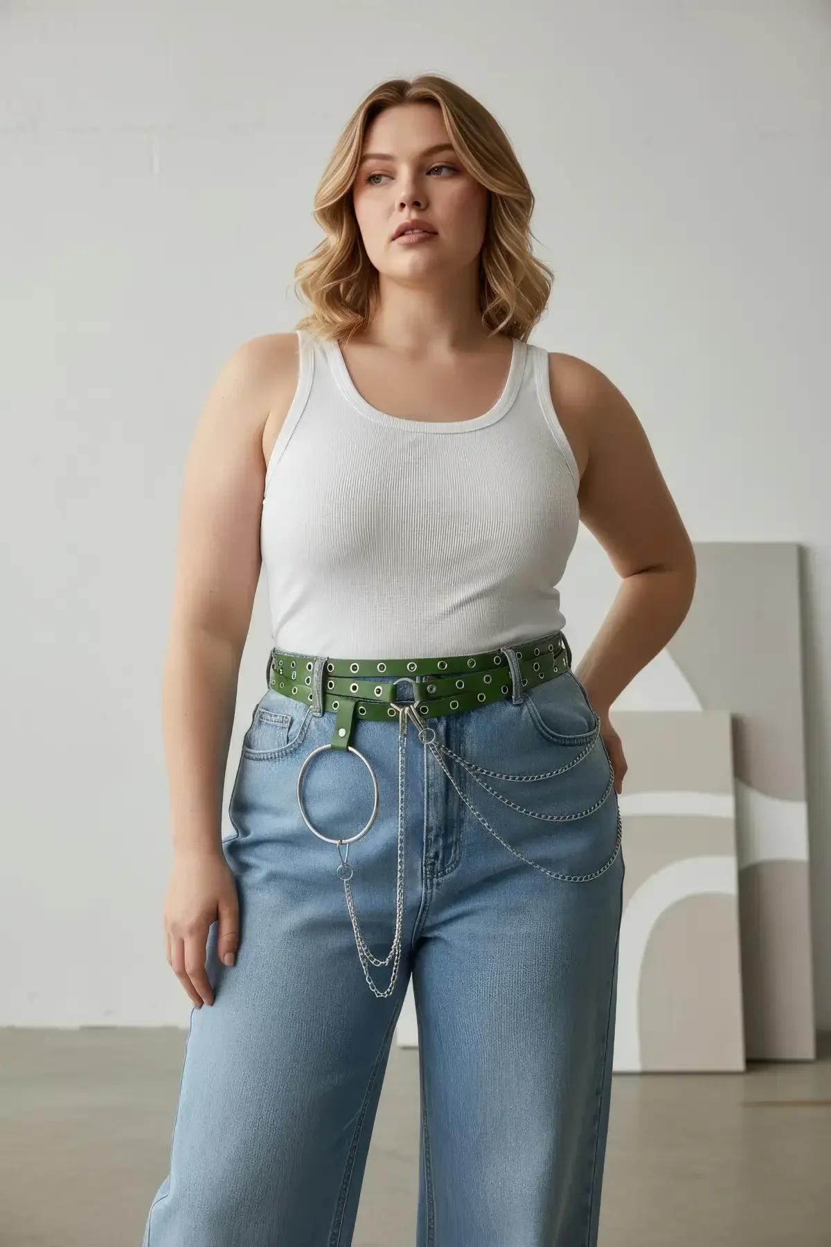 Dark green faux leather wide belt with evenly spaced silver grommets and detachable chain loops, front view